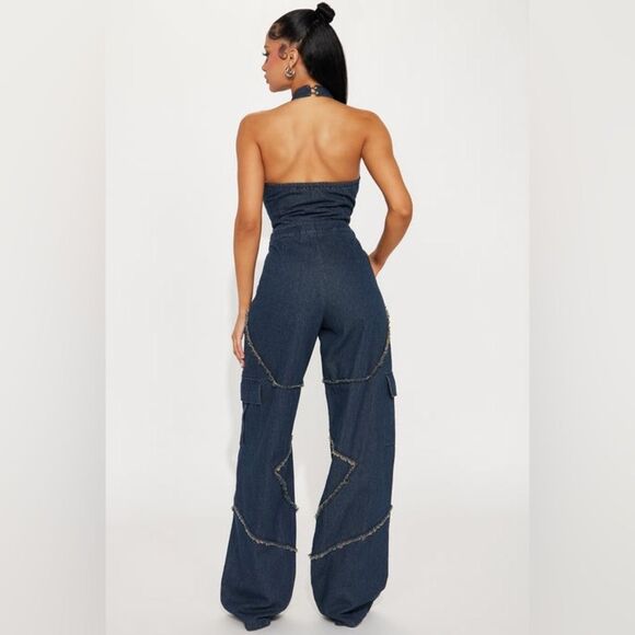 Fashion Nova Star Of Your Eye Stylish Denim Jumpsuit In Dark Wash - Picture 3 of 5